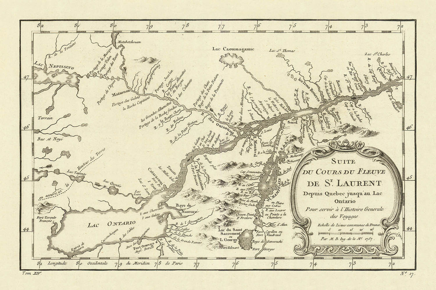 Alte Karte von Quebec und Ontario von Bellin, 1757: Sankt-Lorenz-Fluss, Lac Ontario, Lac Champlain, Fort Carillon, Fort Edward 
