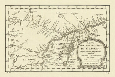 Alte Karte von Quebec und Ontario von Bellin, 1757: Sankt-Lorenz-Fluss, Lac Ontario, Lac Champlain, Fort Carillon, Fort Edward 