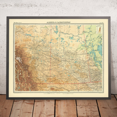 Ancienne carte de l'Alberta et de la Saskatchewan par Bartholomew, 1922 : Calgary, Edmonton, Rocheuses 