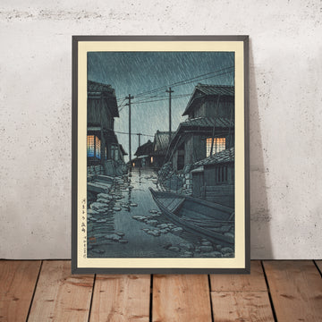 A framed image of Night Rain at Kawarago by Hasui Kawase 1935