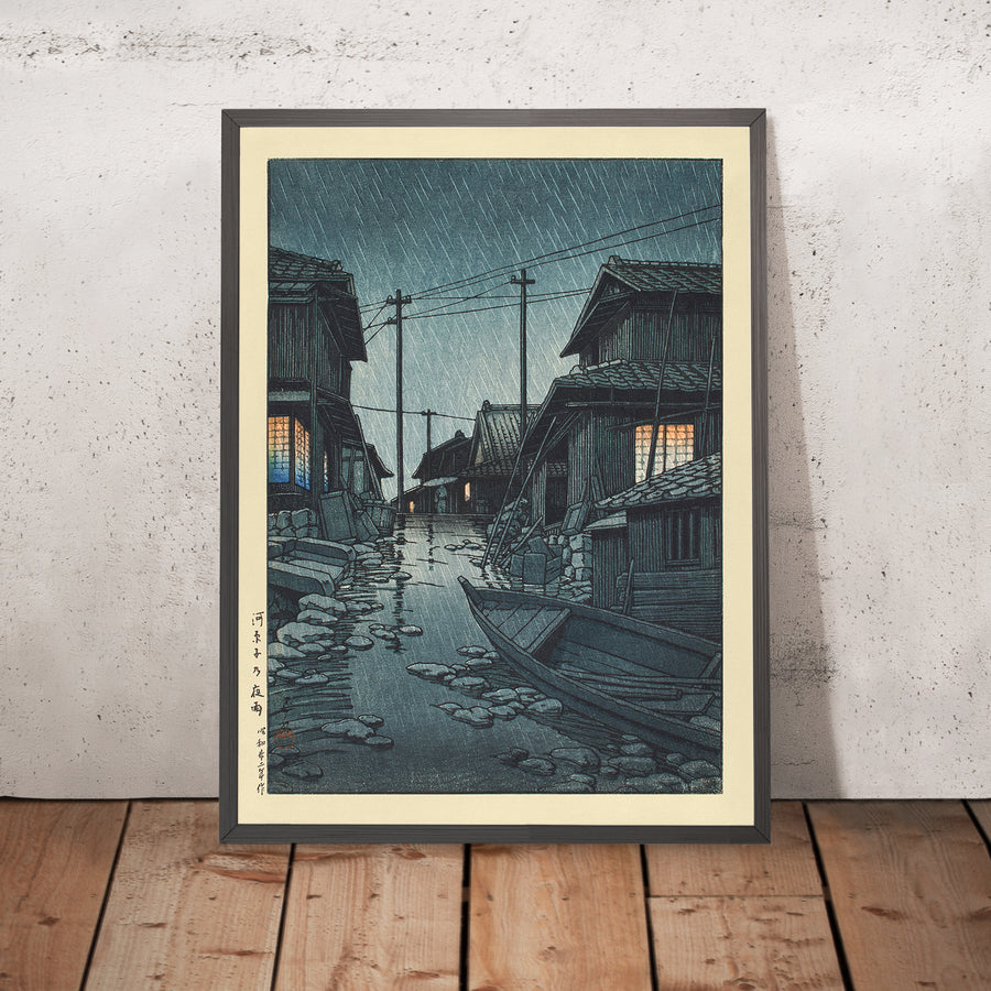 A framed image of Night Rain at Kawarago by Hasui Kawase 1935