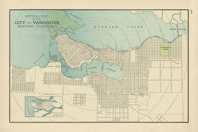 Ancien plan de la ville de Vancouver par Cram, 1895 : Parc Stanley, Parc Hastings, False Creek, Inlet Burrard, English Bay 