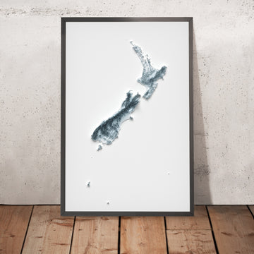 A framed image of a 3D style topographic relief map ofNew Zealand