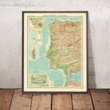 Ancienne carte de l’Espagne occidentale et du Portugal par Bartholomew, 1922 : Lisbonne, Porto, Cadix, Gibraltar, routes maritimes 