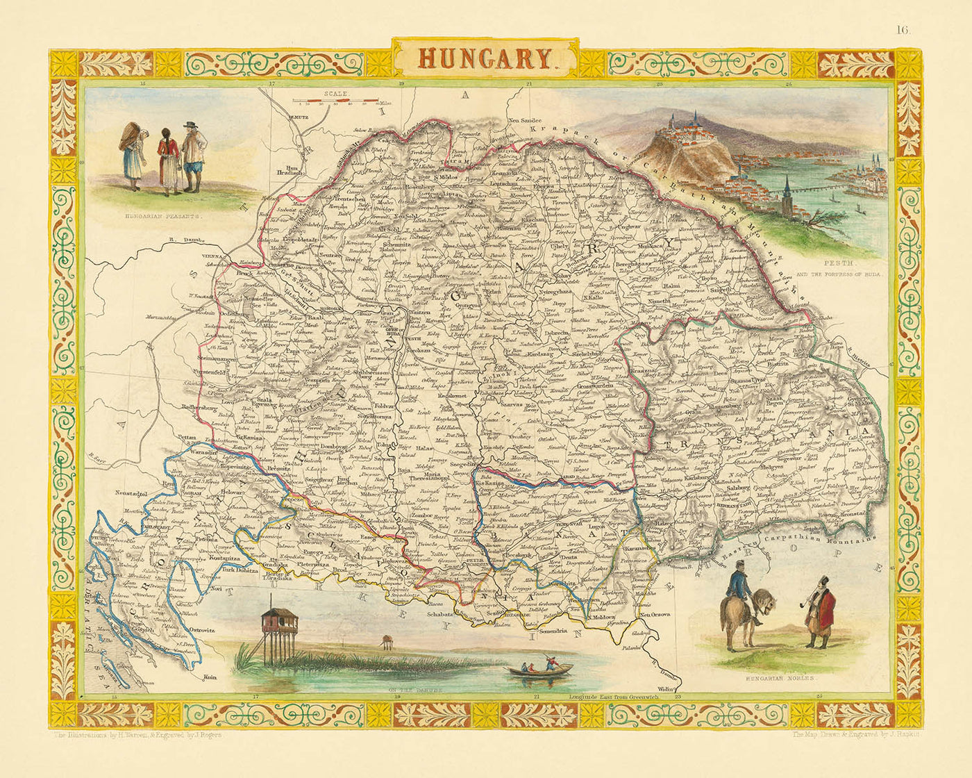 Antigua mapa de Hungría por Tallis, 1851: Budapest, Danubio, Cárpatos, Nobles, Campesinos 