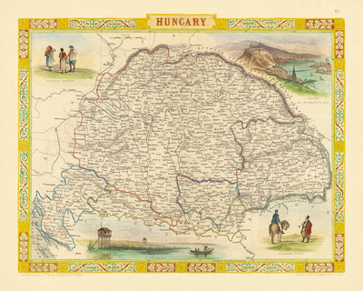 Antigua mapa de Hungría por Tallis, 1851: Budapest, Danubio, Cárpatos, Nobles, Campesinos 
