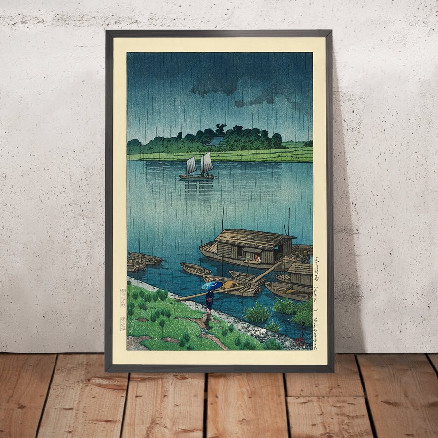 A framed image of Arakawa River in May Rain by Hasui Kawase, 1935