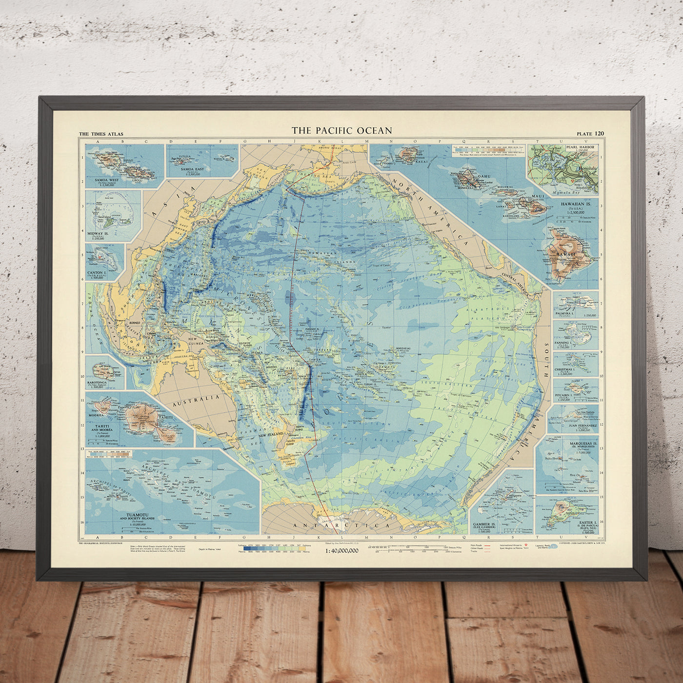 Ancienne carte de l'océan Pacifique par Bartholomew, 1957 : cartes insérées, ombrage de relief 
