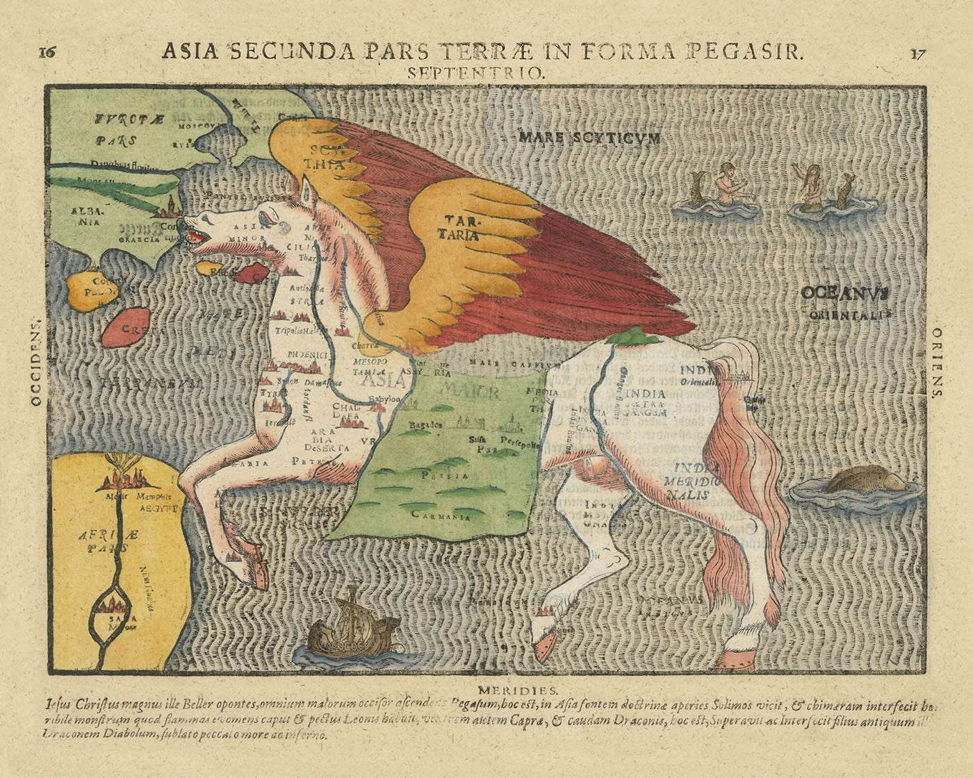 Alter Pegasus-Karte von Asien von Bunting, 1616: Mythisches Design, Symbolische Themen 