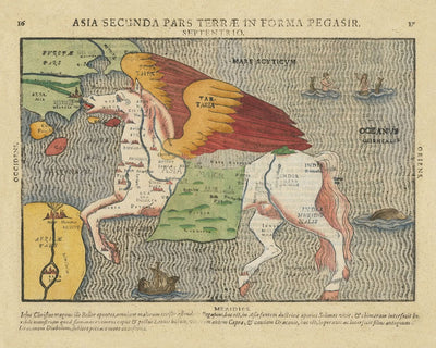 Alter Pegasus-Karte von Asien von Bunting, 1616: Mythisches Design, Symbolische Themen 