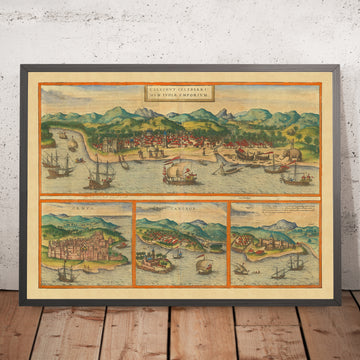 Antica mappa di Calicut in India di Braun & Hogenberg, 1572: Ormuz, Canonor, El Mina, Navi 