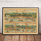 Ancienne carte de Calicut en Inde par Braun & Hogenberg, 1572 : Ormuz, Canonor, El Mina, navires 