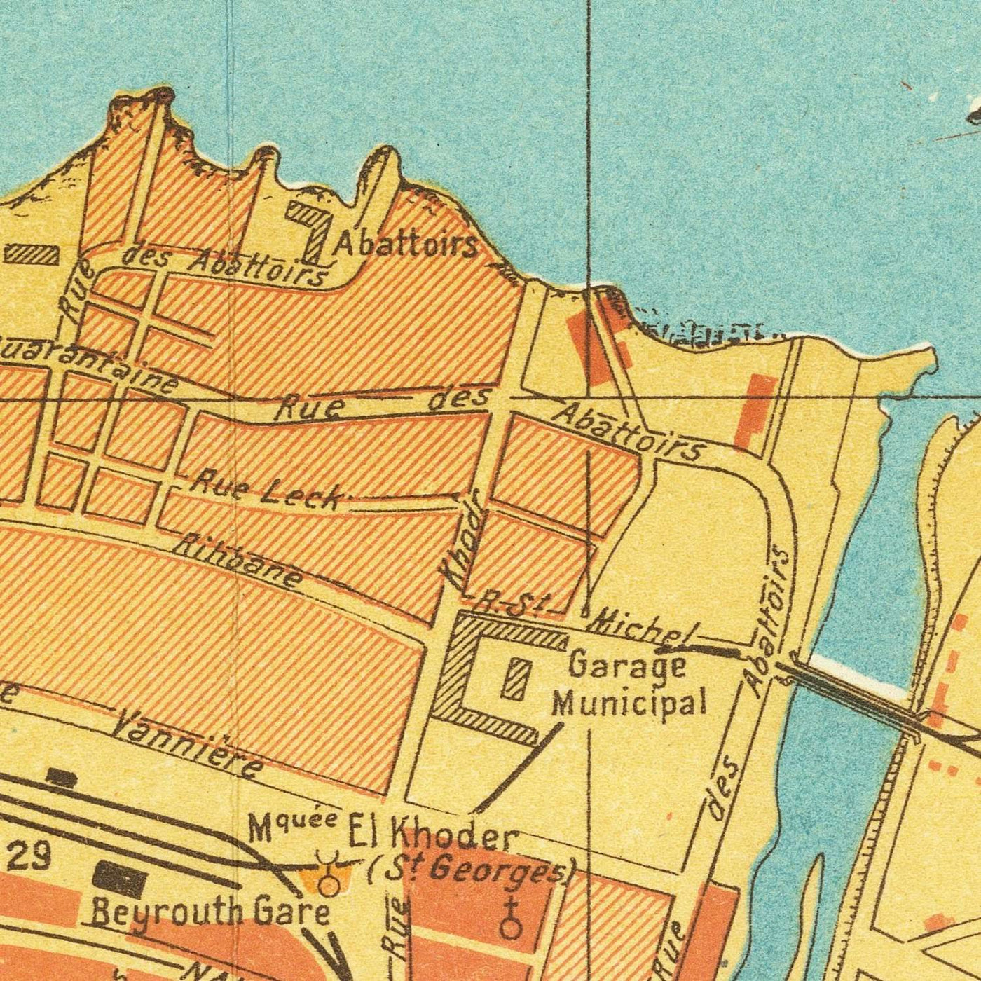 Antigua Mapa de Beirut, Líbano 1949: Hotel Normandy, Hipódromo, Bosque de Pinos, Puerto de Beirut, Líneas de Ferrocarril 