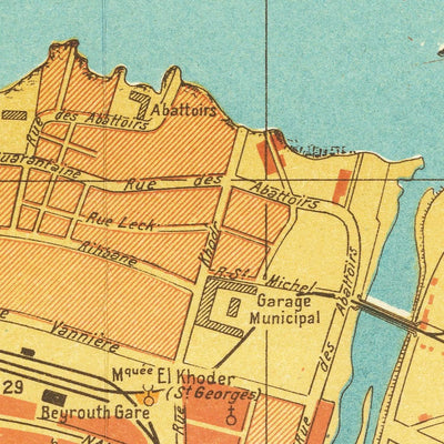 Antigua Mapa de Beirut, Líbano 1949: Hotel Normandy, Hipódromo, Bosque de Pinos, Puerto de Beirut, Líneas de Ferrocarril 