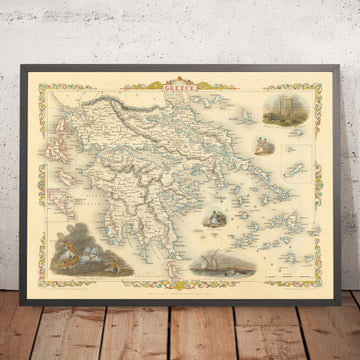 Vecchia mappa della Grecia e delle Isole Ioniche di Tallis, 1851: Atene, Monte Olimpo, Tempio di Giove, Egeo 