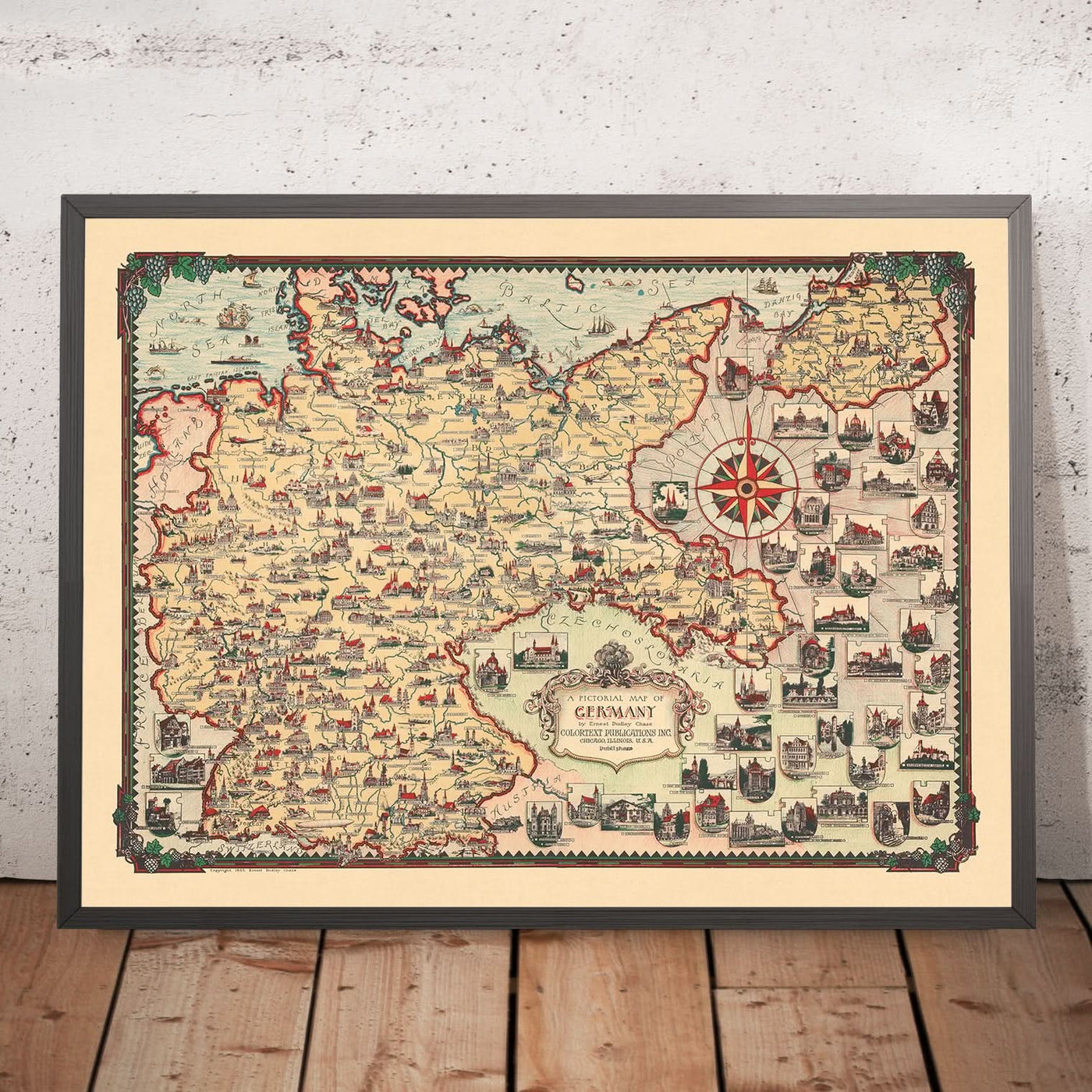 Ancienne carte picturale de l'Allemagne par Chase, 1935 : Berlin, Munich, mer du Nord, monuments, dirigeables 