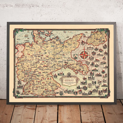 Ancienne carte picturale de l'Allemagne par Chase, 1935 : Berlin, Munich, mer du Nord, monuments, dirigeables 