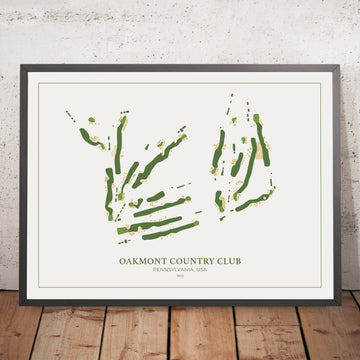 A framed image of Oakmont Country Club in the style of a simple and modern golf course map