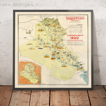 Old Pictorial Map of Iraq by Rifaat, 1956: Baghdad, Basra, Mosul, Kirkuk oilfields, Ctesiphon Arch
