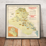 Old Pictorial Map of Iraq by Rifaat, 1956: Baghdad, Basra, Mosul, Kirkuk oilfields, Ctesiphon Arch