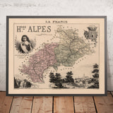 Alte Karte der Hautes-Alpes von Vuillemin, 1869: Gap, Briançon, Embrun, Alpen Gipfel, Wappen 