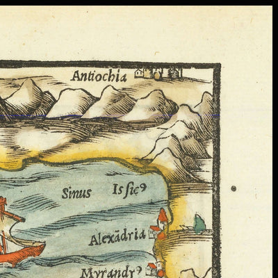 Old Map of Cyprus & Holy Land by Münster, 1554: Jerusalem, Mount Sinai, Medina, Taurus Mts