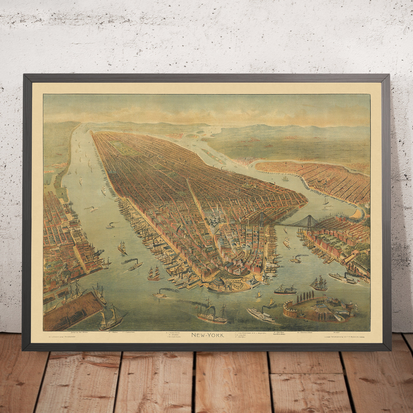 Old Birdseye Map of New York by Wachsmuth, 1898: Broadway, Central Park, Brooklyn Bridge, Governor's Island