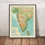 Antiguo mapa hipsométrico del sur de la India de Bartholomew, 1922: Mumbai, Chennai, Hyderabad, Ghats Occidentales, Deccan 