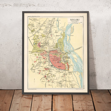 Antica mappa di Delhi di Bartholomew, 1893: Forte Rosso, Chandni Chowk, Jama Masjid, Kashmere Gate, Yamuna 