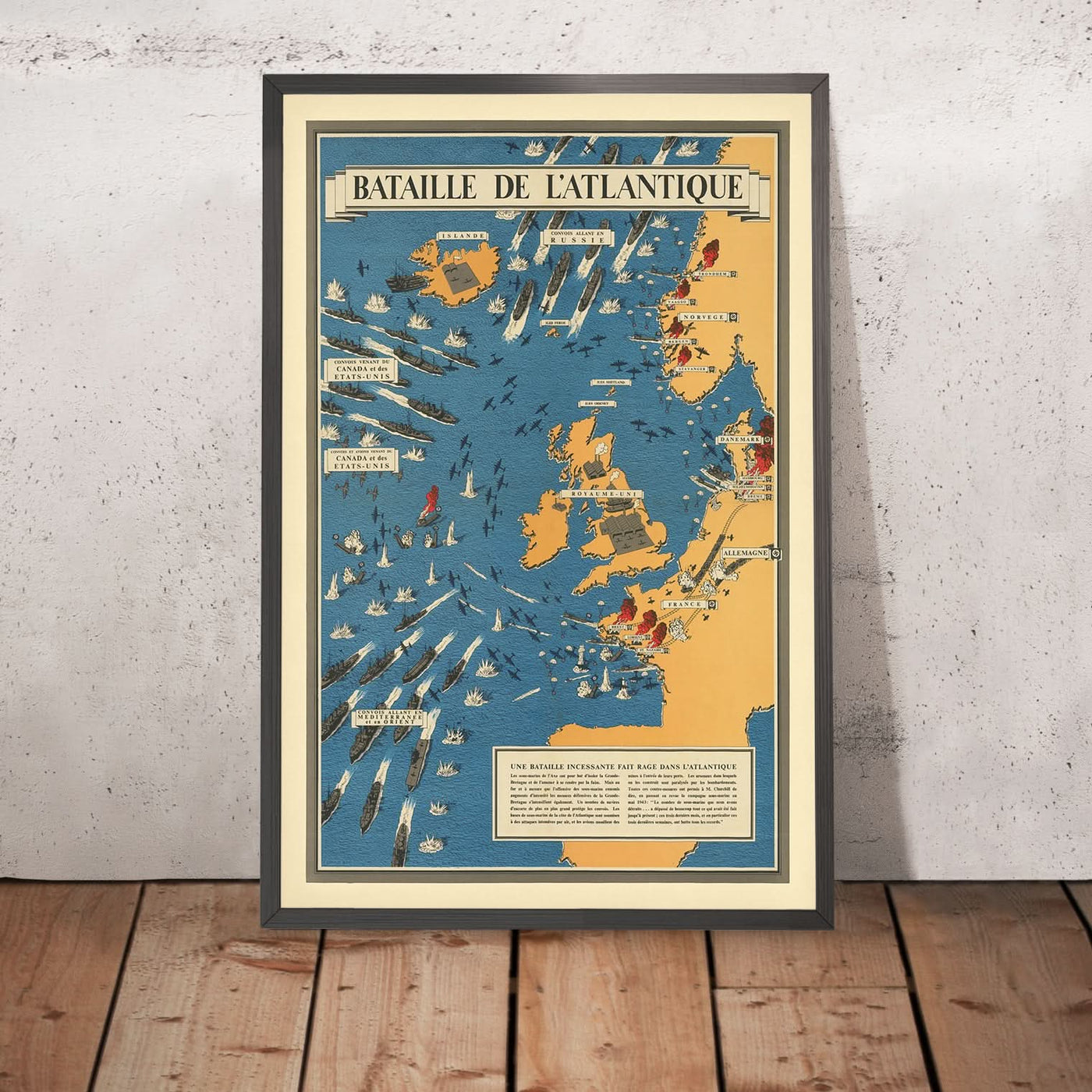 Ancienne carte picturale de la bataille de l'Atlantique par Blake, 1944 : Royaume-Uni, sous-marins, convois 