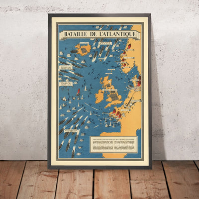 Ancienne carte picturale de la bataille de l'Atlantique par Blake, 1944 : Royaume-Uni, sous-marins, convois 