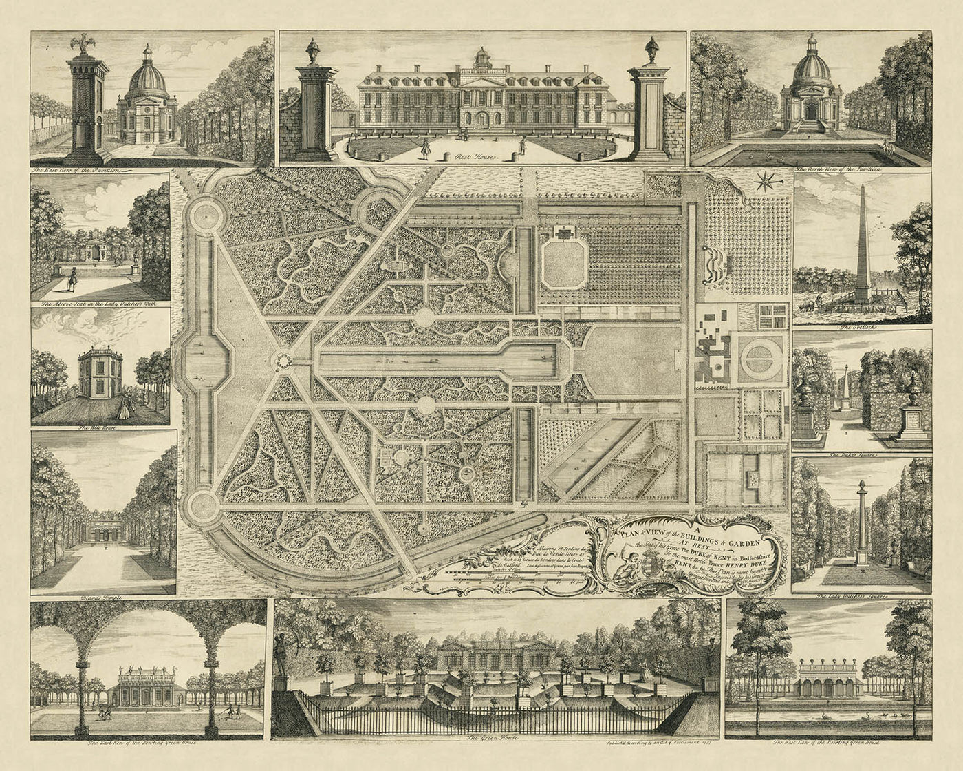 Wrest Park, the House & Gardens of the Duke of Kent by John Rocque, 1737