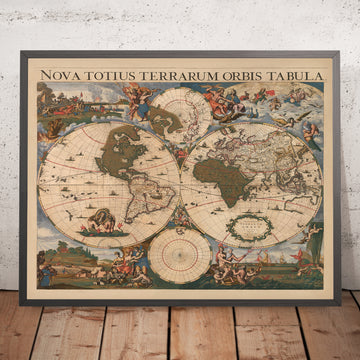 Grande Capolavoro Mappa del Mondo di Danckerts, 1696: Terre Mitologiche, Bordo Decorativo 