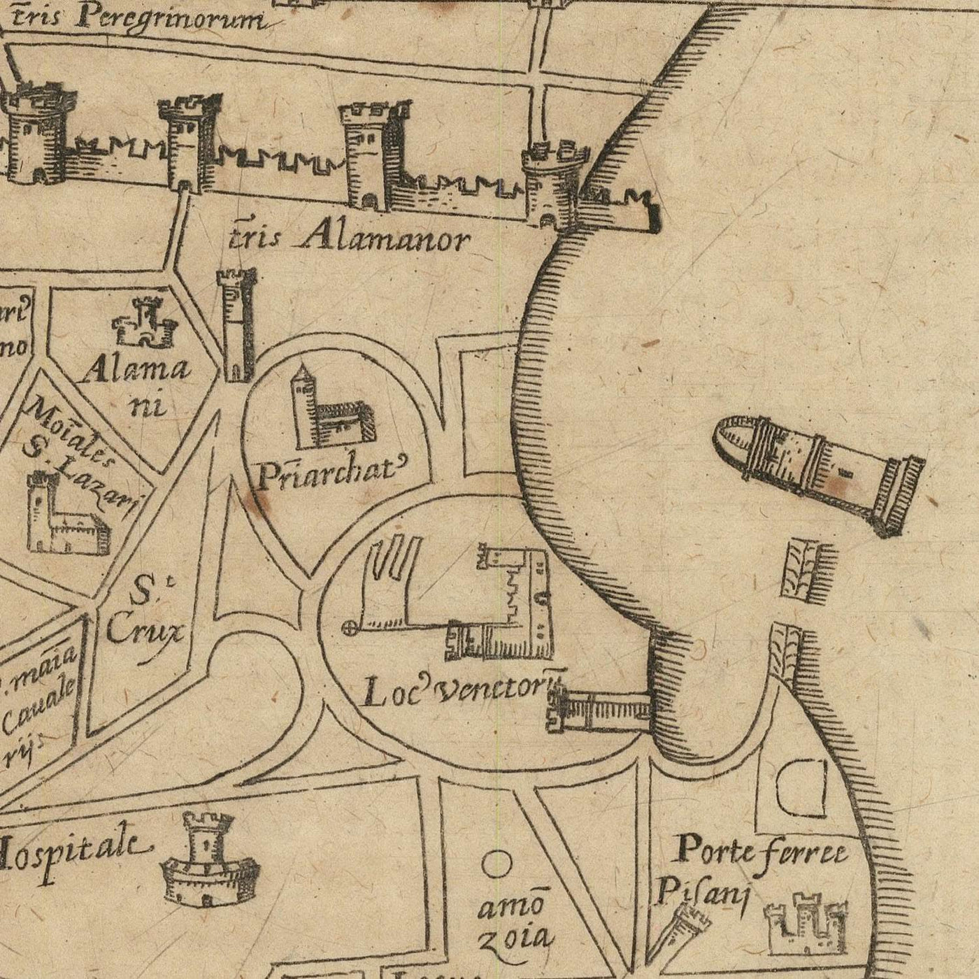 Ancienne carte d'Acre par Vesconte, 1611 : Templiers, Hospitaliers, Portus Pisani, Croisades 