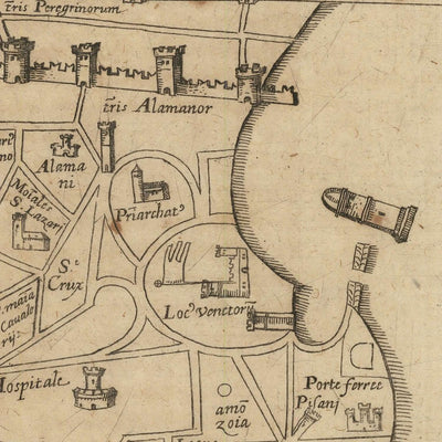 Ancienne carte d'Acre par Vesconte, 1611 : Templiers, Hospitaliers, Portus Pisani, Croisades 