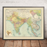 Ancienne carte politique de l’Inde et de l’Asie du Sud-Est par Bartholomew, 1922 : Bombay, Delhi, Rangoun, Bangkok, Colombo 