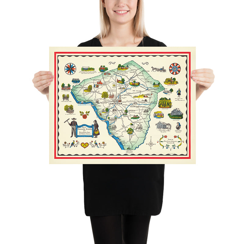 Antica mappa della contea di Lancaster, PA di Schmuckle, 1949: Ephrata, Lititz, fiumi Susquehanna e Conestoga, comunità Amish 