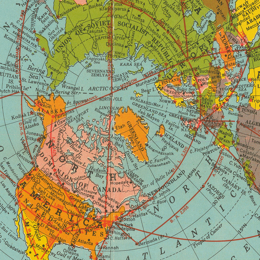 Old Airline Great Circles World Map by Hammond, 1938: Polar Projection "Air Age" Poster