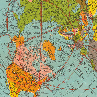 Old Airline Great Circles World Map by Hammond, 1938: Polar Projection "Air Age" Poster