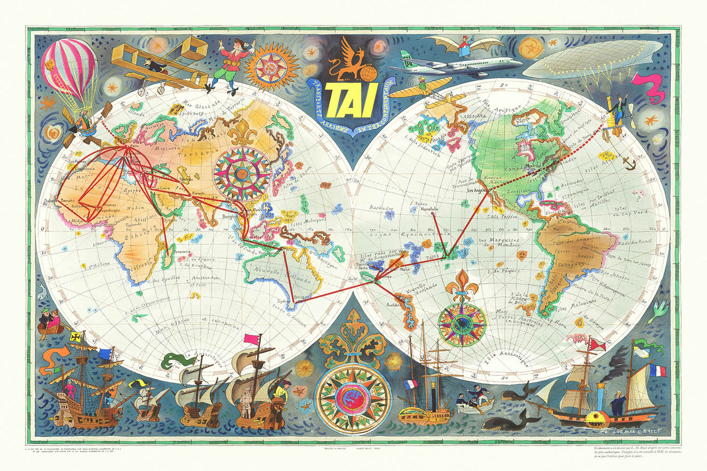 Mapa mundial de rutas de la antigua aerolínea TAI por Bayle, 1957 