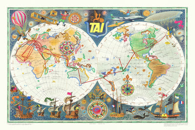 Mapa mundial de rutas de la antigua aerolínea TAI por Bayle, 1957 