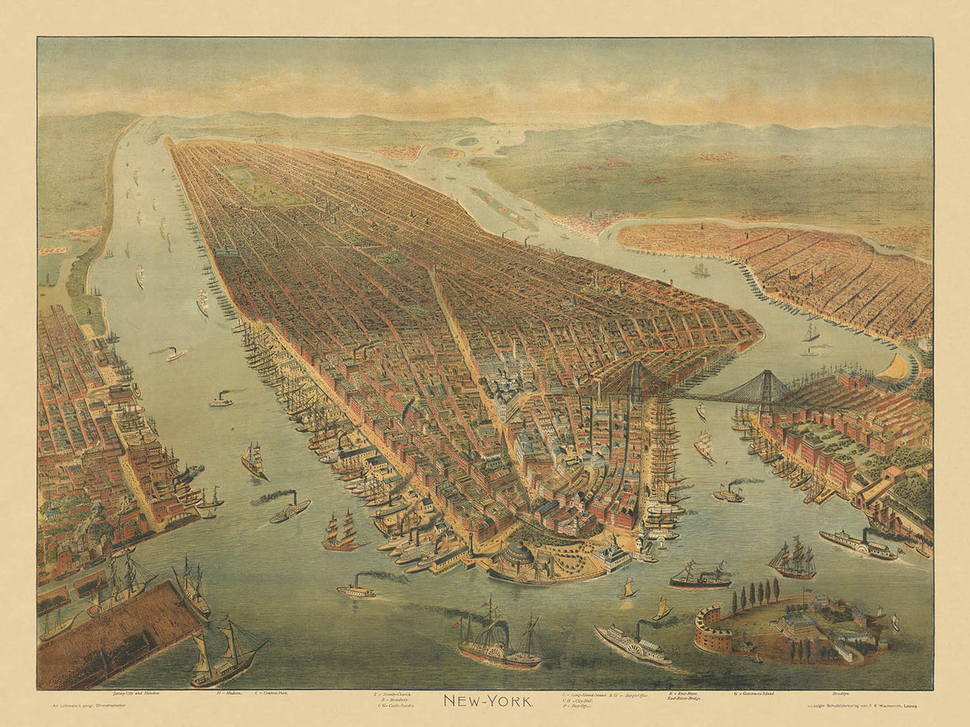 Old Birdseye Map of New York by Wachsmuth, 1898: Broadway, Central Park, Brooklyn Bridge, Governor's Island