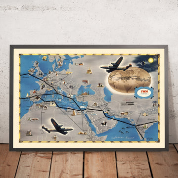 Old TWA Trans World Airlines Air Routes Map, 1948: Eastern Hemisphere, Europe–Africa–Asia