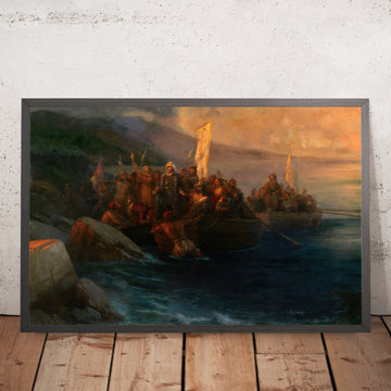 A framed image of The Disembarkation of Christopher Columbus at San Salvador by Ivan Konstantinovich Aivazovsky, 1892