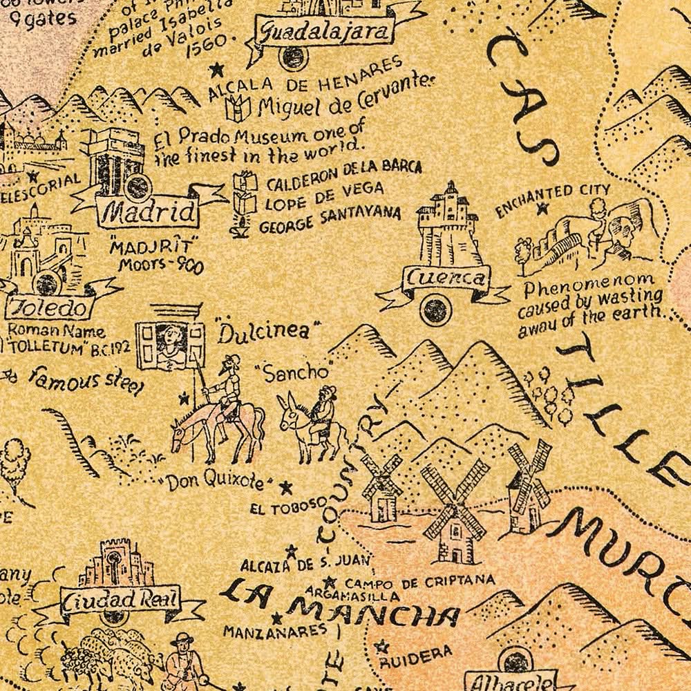 Alte bildliche Karte von Spanien, 1935: Madrid, Barcelona, Sevilla, Golf von Biscaya, historische Schiffe 