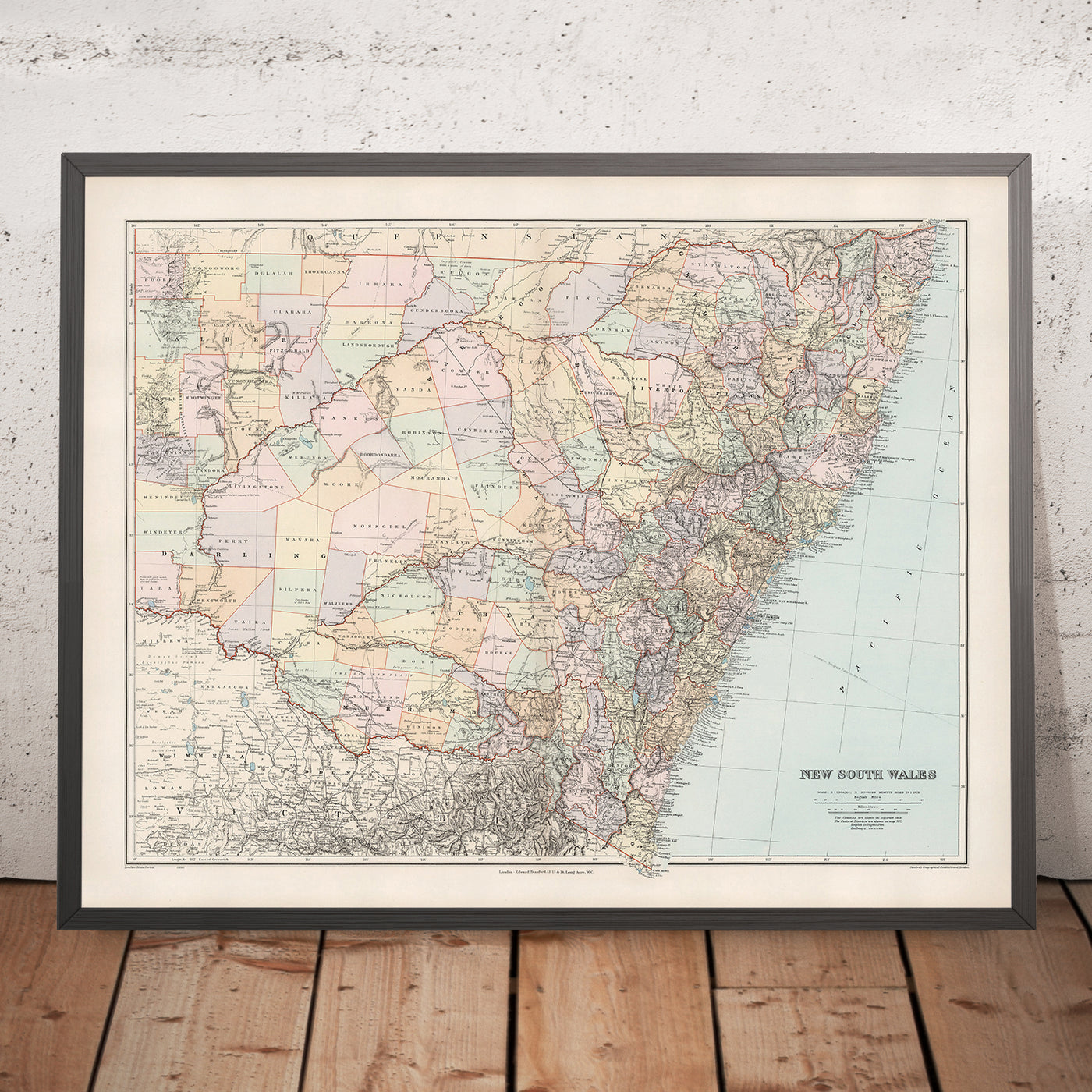 Old Map of New South Wales by Stanford, 1904: Sydney, Newcastle, Wollongong, Railroads