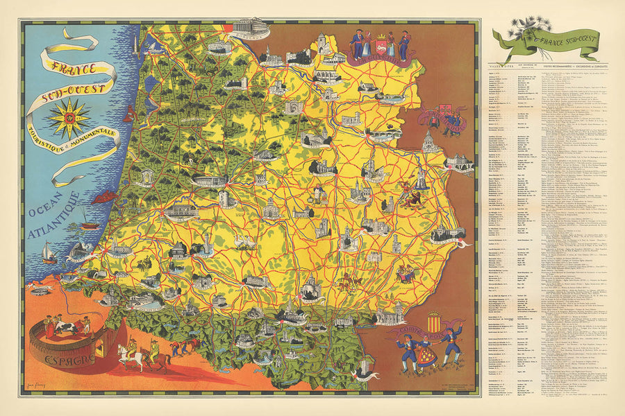 Mappa Pittorica del Sud-Ovest della Francia di Flornoy Jean, 1950: Tolosa, Bordeaux, Pirenei, Fiume Garonna, Cammino di Santiago 