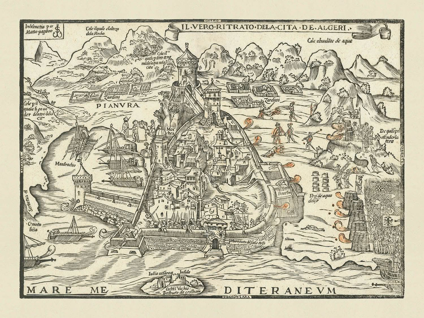 Antigua Mapa Militar del Asedio de Argel de 1541 por Pagano: Argel, Mandrachio, Castel Vechio, Estrategia Naval, Imperio Otomano 
