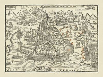 Antigua Mapa Militar del Asedio de Argel de 1541 por Pagano: Argel, Mandrachio, Castel Vechio, Estrategia Naval, Imperio Otomano 