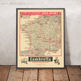 Old Tour de France Official Cycling Route Map, 1956: Paris, Alps, Pyrenees, Lyon, Marseille